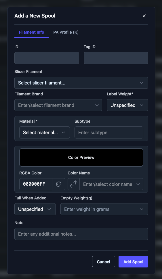 Inventory Add Spool Dialog
