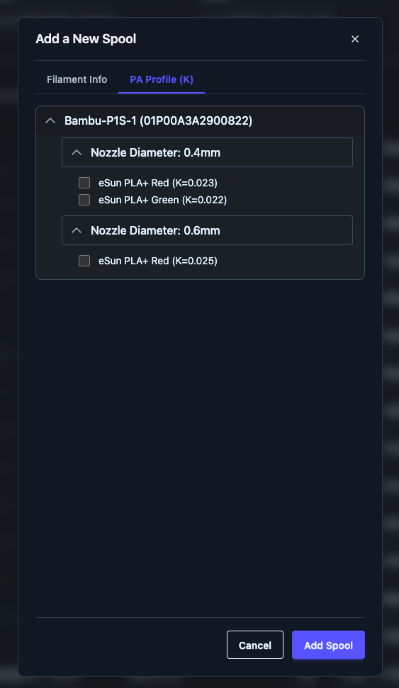 Inventory Add Spool Dialog K Page